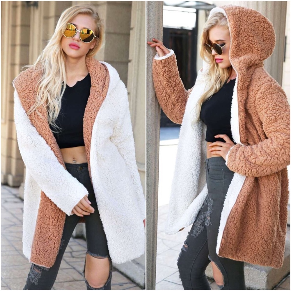 Camel white teddy hoodie open front coat jacket - Picture 1 of 6